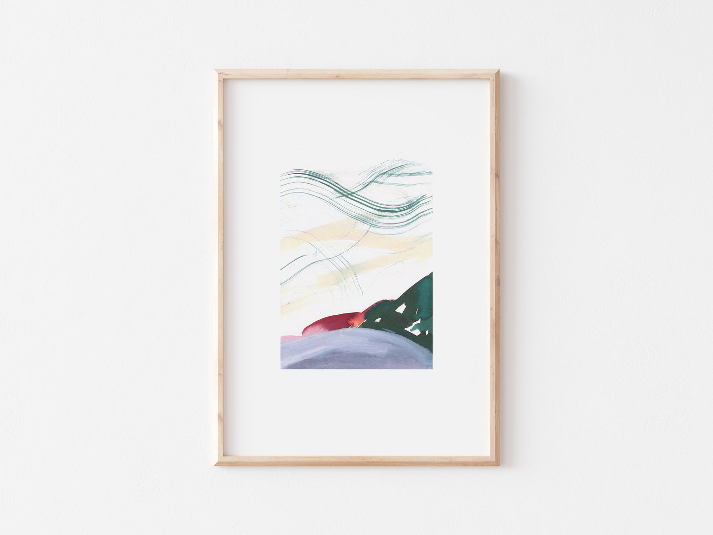 Stratchy abstract of hills, framed in wooden frame.