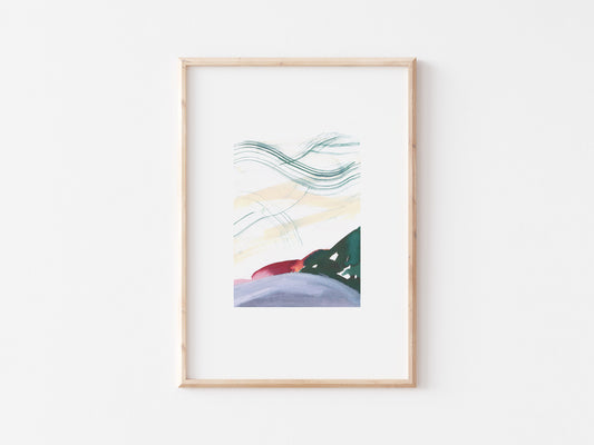 Stratchy abstract of hills, framed in wooden frame.