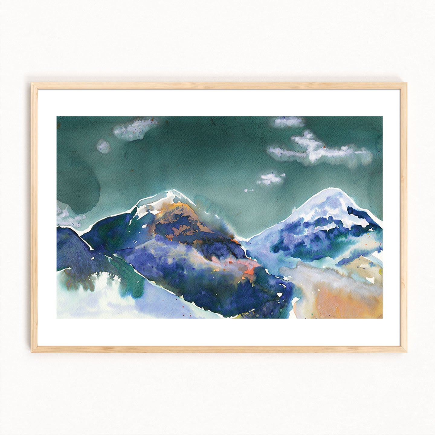 Abstract painting of the Annapurna mountains, framed.