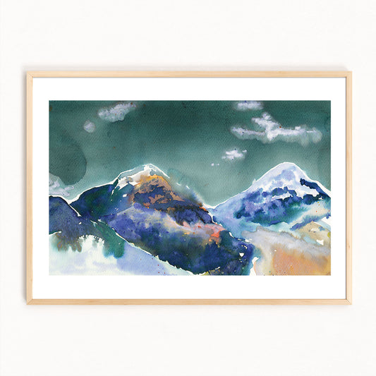 Abstract painting of the Annapurna mountains, framed.