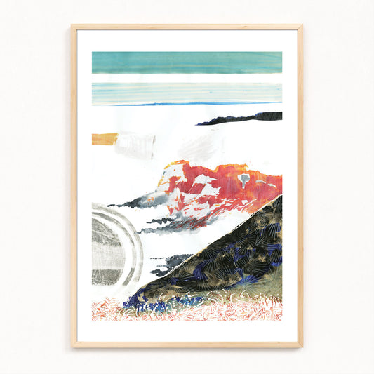 Abstract painting of the Gower in a wooden frame.
