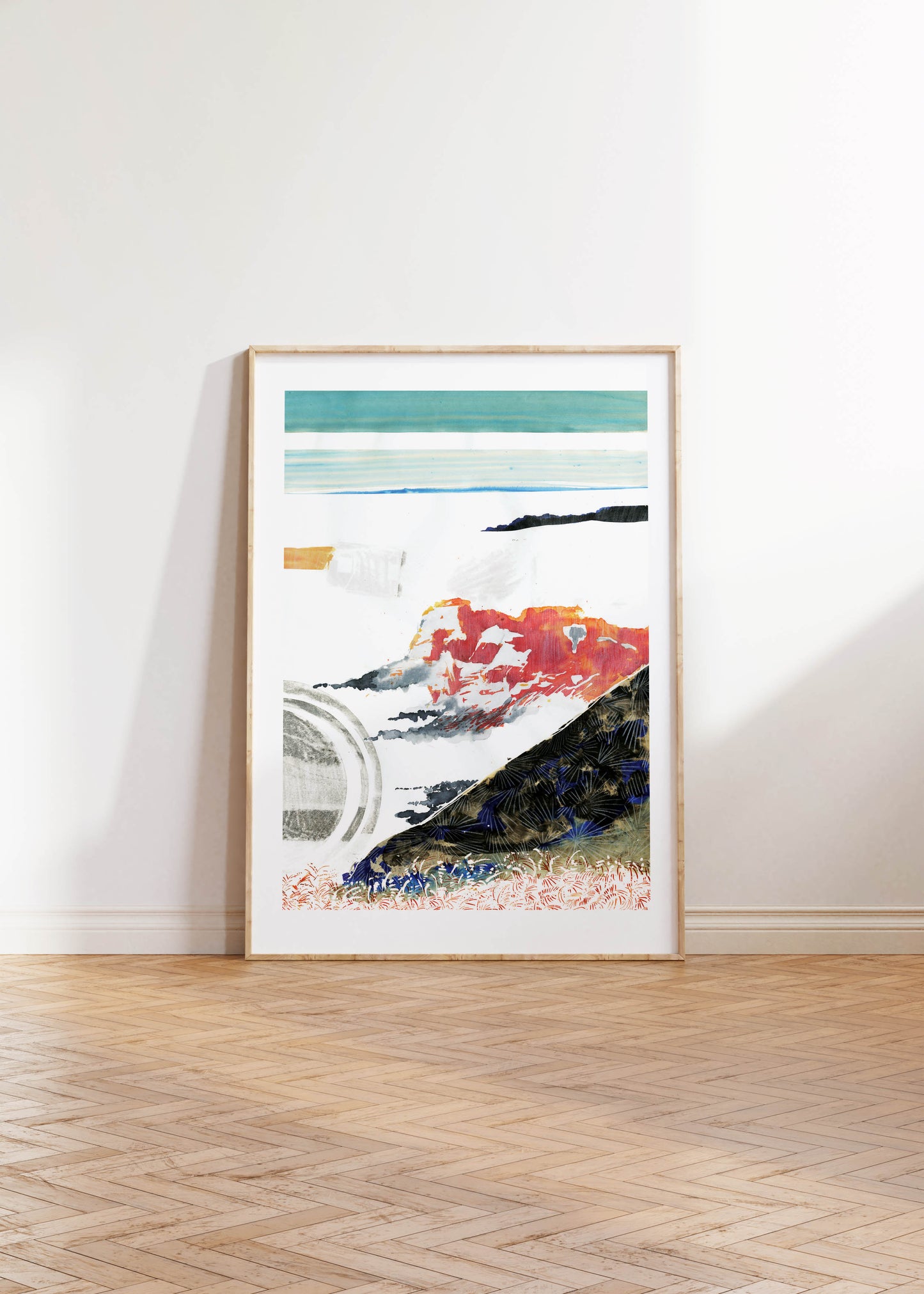 Abstract of three Cliffs, Wales in a wooden frame.