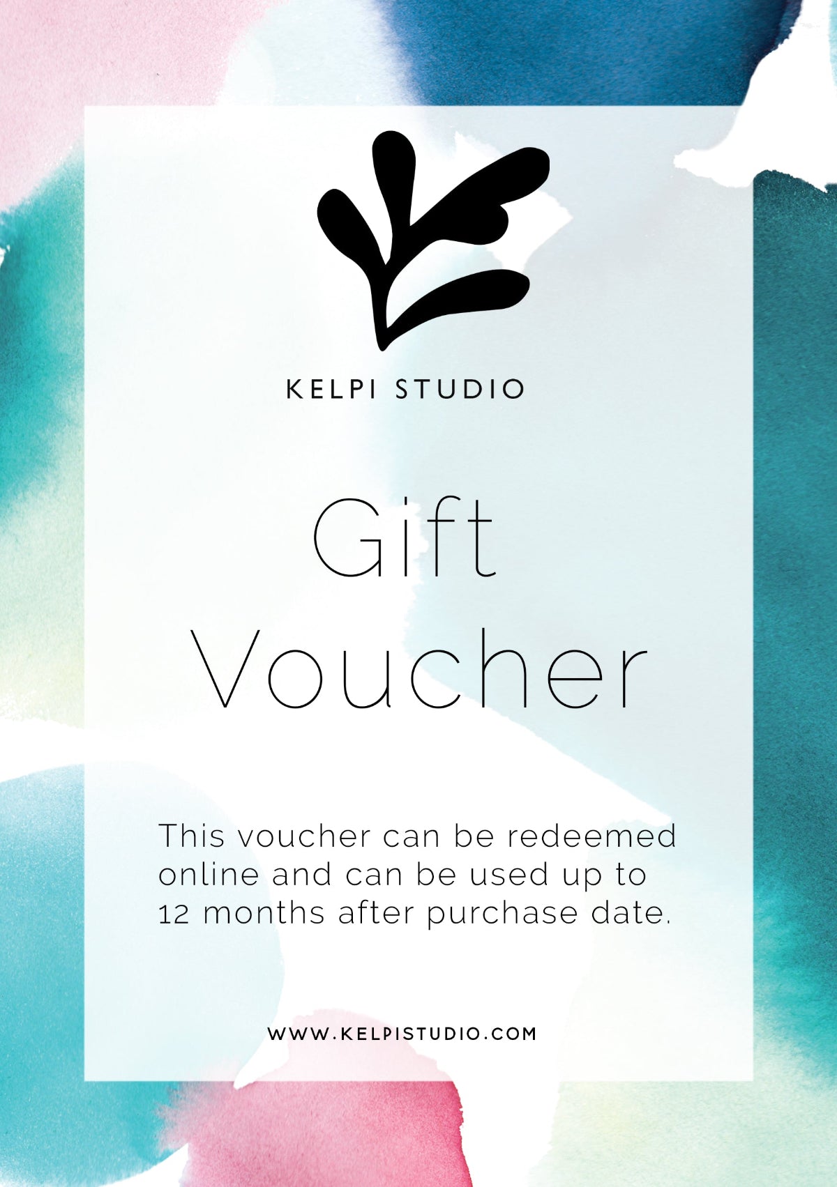 Gift voucher from Kelpi Studio with colorful watercolor design