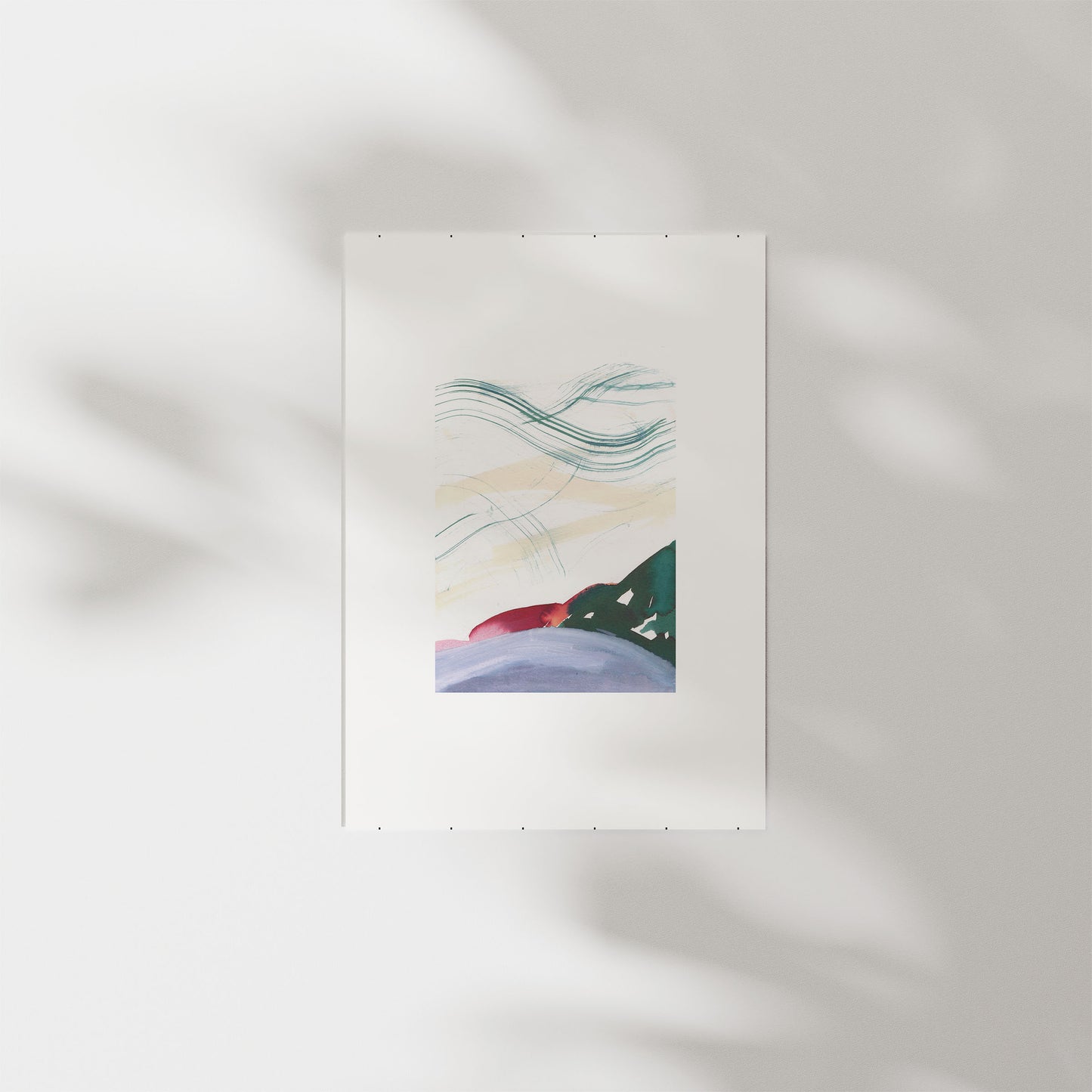Stratchy abstract of hills, framed in wooden frame.