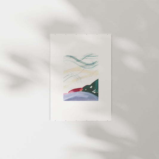 Stratchy abstract of hills, framed in wooden frame.