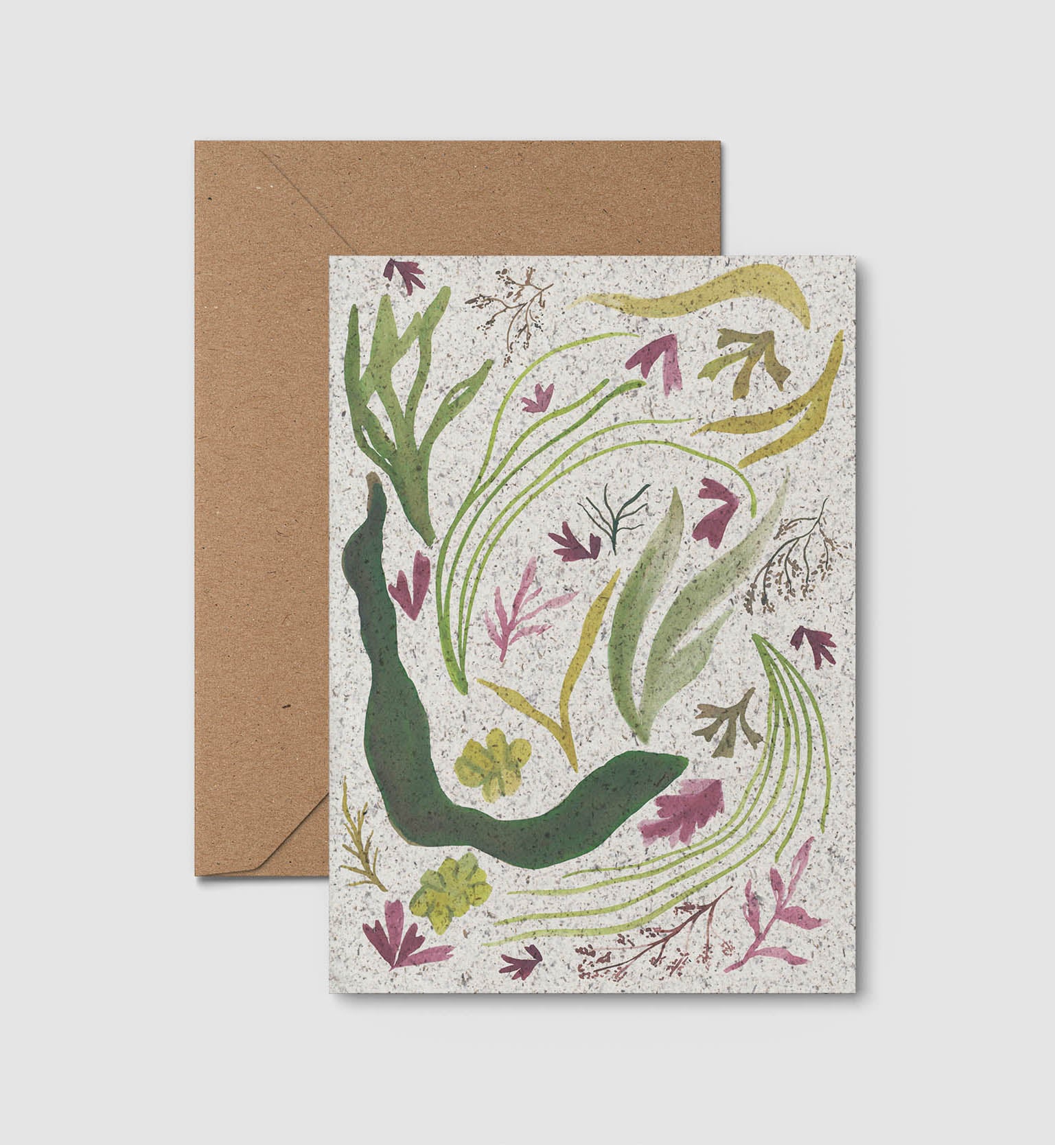 A greeting card made from seaweed paper with painted seaweed. From Kelpi Studio in Cornwall. 