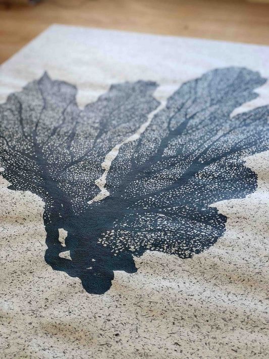 Close up of a screen print. The picture of a teal sea fan. From Kelpi Studio in Cornwall. 