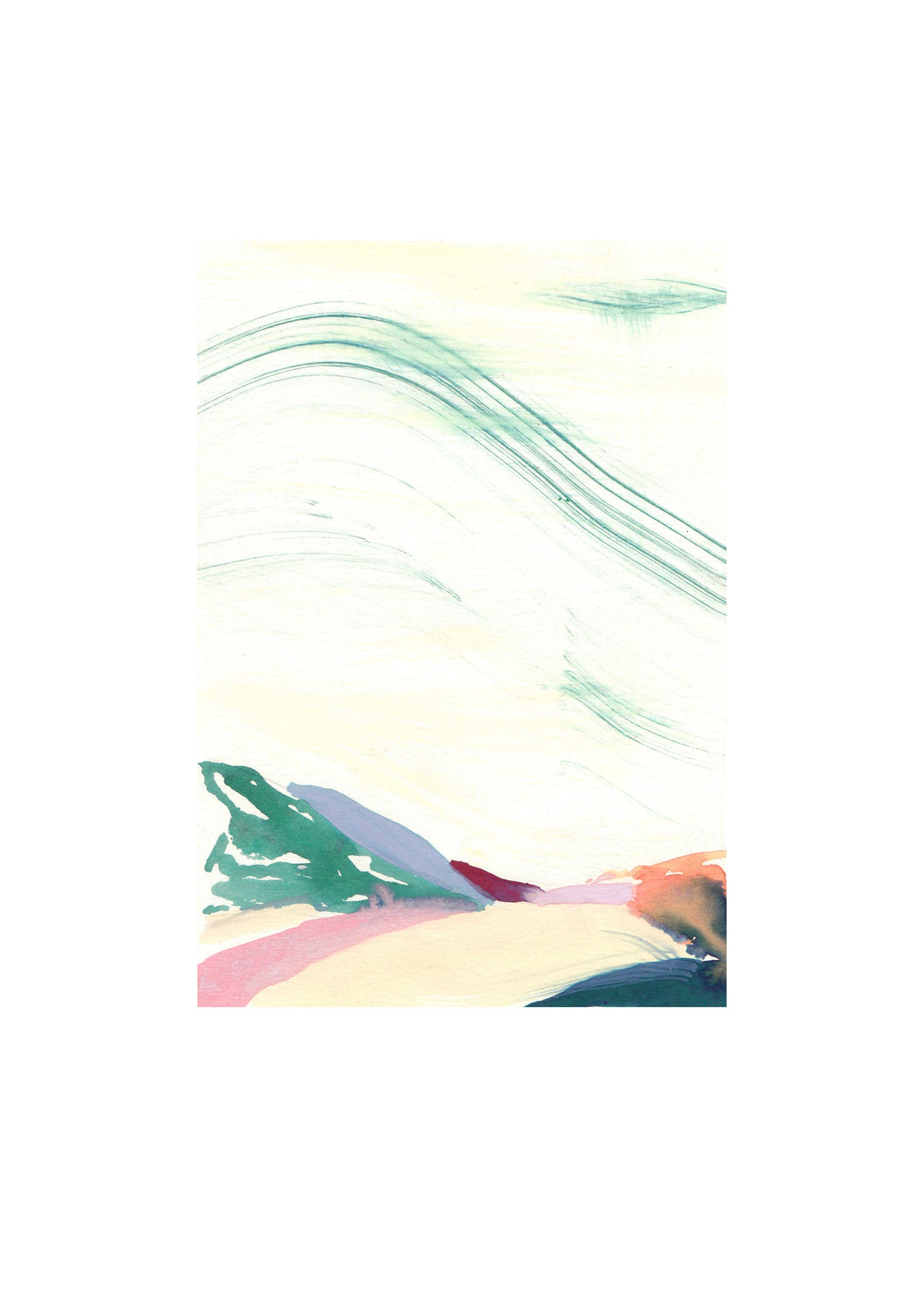 Close up of multi-coloured abstract painting of hills.