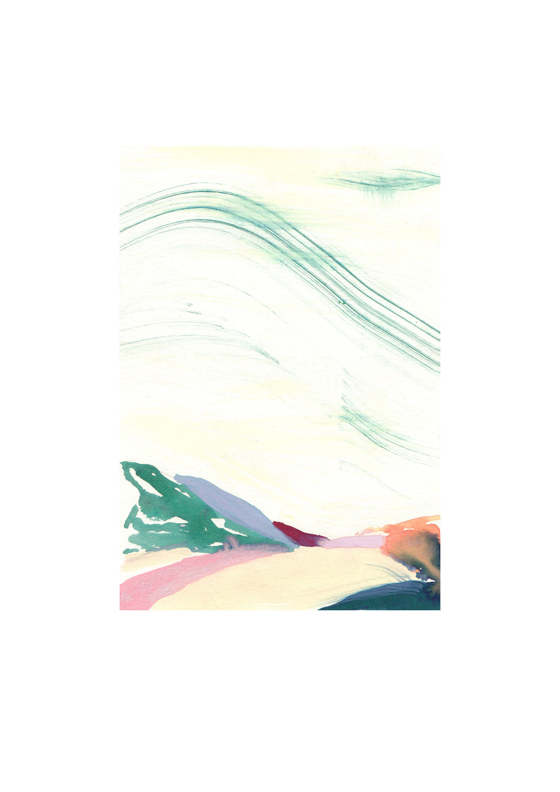 Close up of multi-coloured abstract painting of hills.