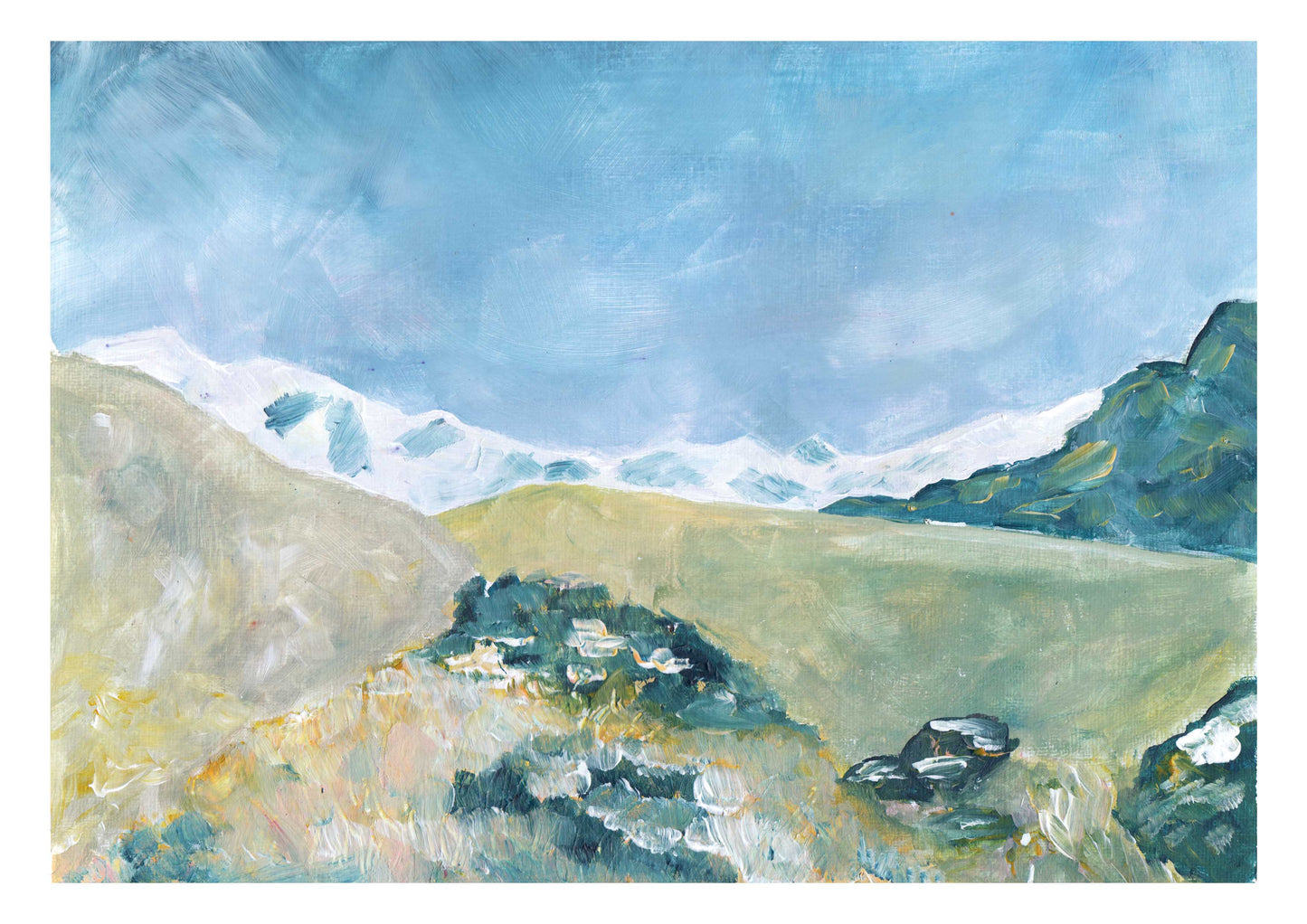 A painted picture of the Himalayan mountains, with a village in the foreground and white snow capped mountains in background. 