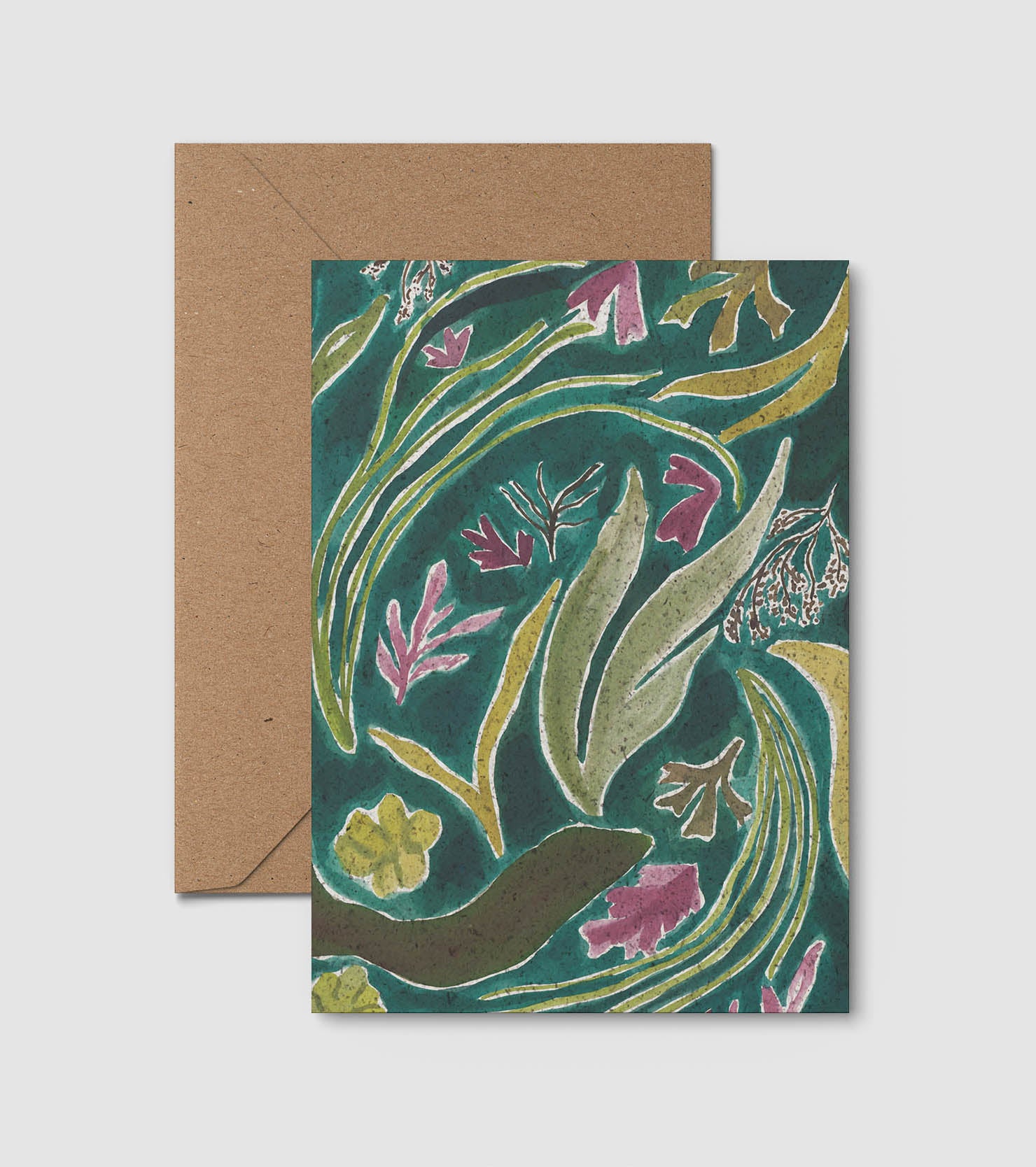 A greeting card made from seaweed paper with painted seaweed in green. From Kelpi Studio in Cornwall. 