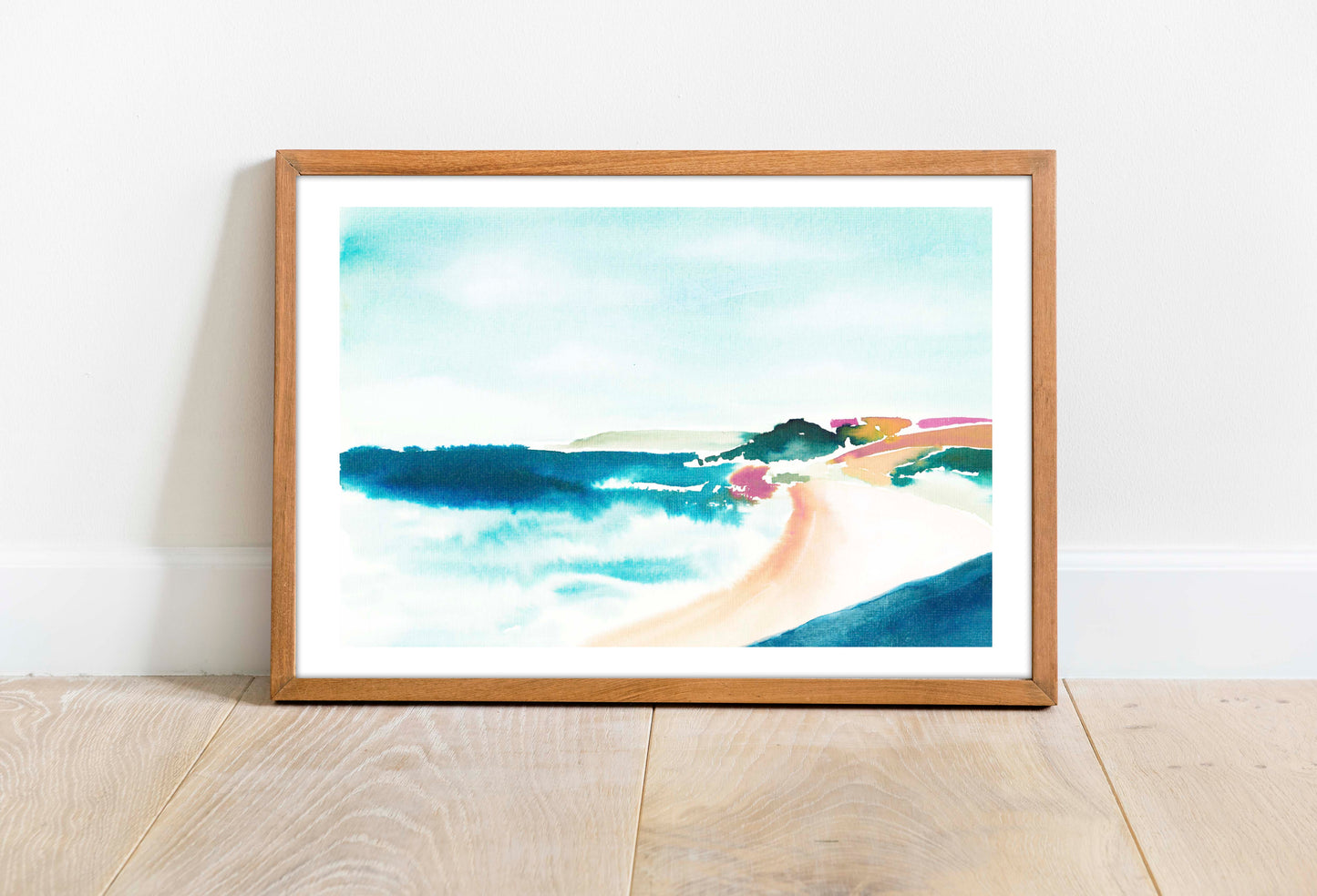 Landscape painted picture of Gylly Beach in a frame in Falmouth, UK. From Kelpi Studio in Cornwall.