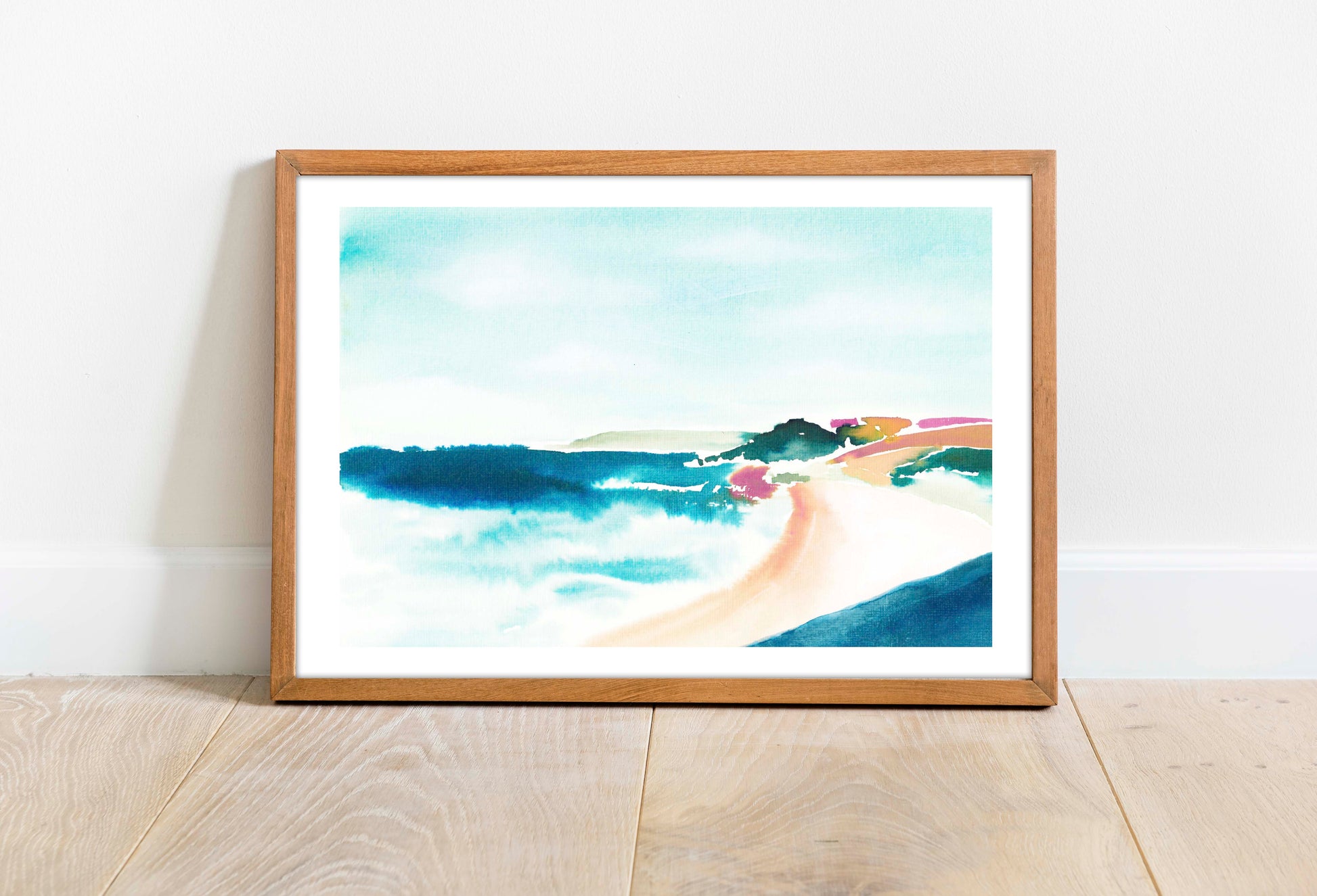 Landscape painted picture of Gylly Beach in a frame in Falmouth, UK. From Kelpi Studio in Cornwall.