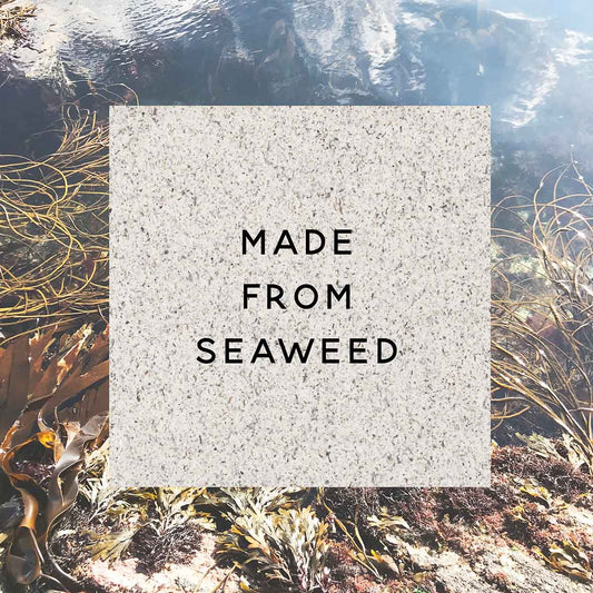 A sign saying made from seaweed, on seaweed paper.